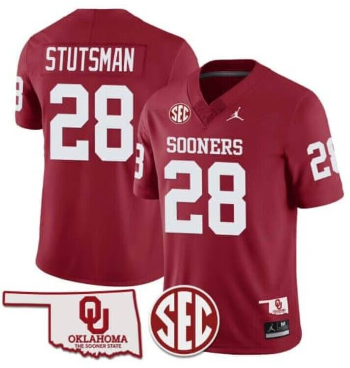 Men's Oklahoma Sooners #28 Danny Stutsman Red 2024 SEC Patch Stitched Jersey